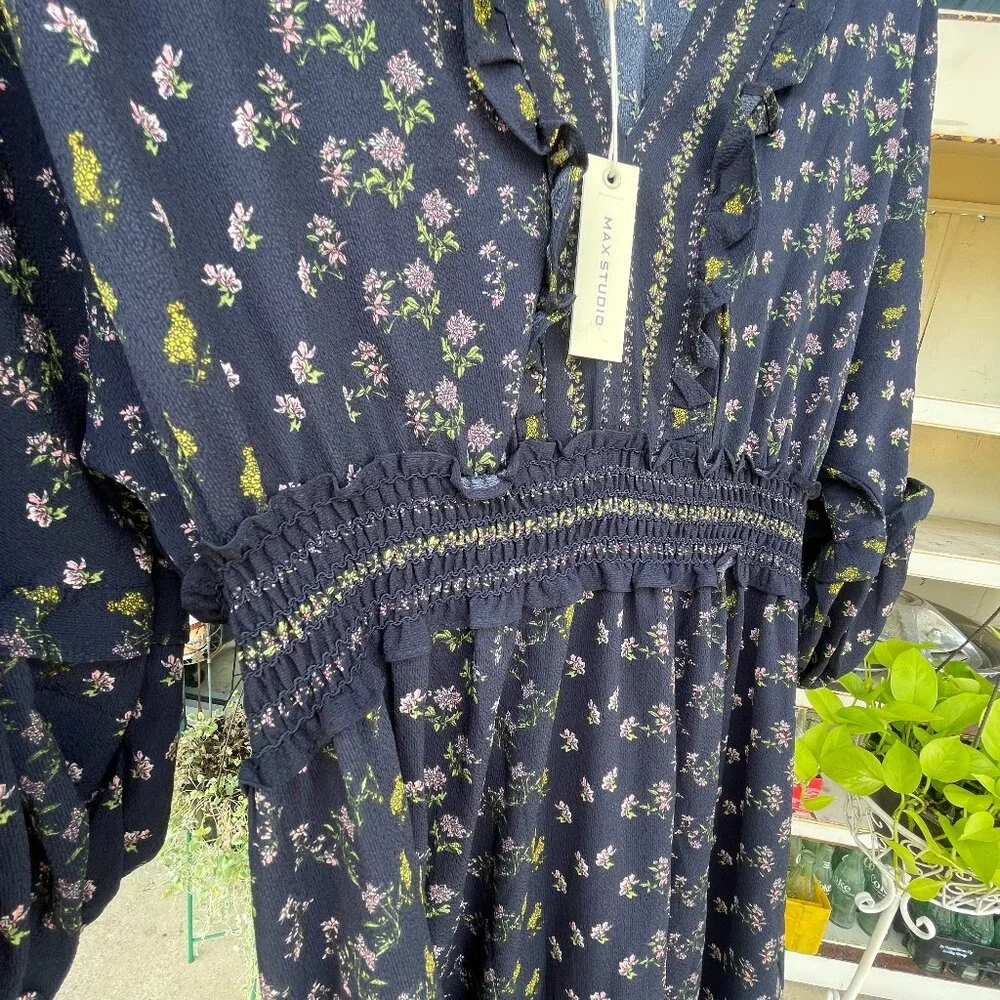 NWT Women's Large MAX STUDIO Navy Floral V-neck Empire Waist Tiered Midi Dress - Picture 11 of 16